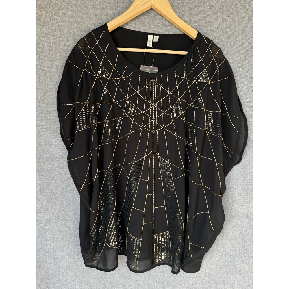 NEW Madison Womens Plus 1X Black Gold Sequin Blouse‎ Sheer Short Sleeve
